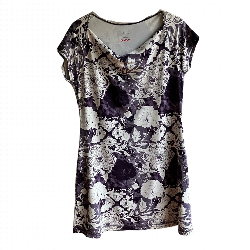 Title Nine Cowl Neck Jersey Mini Dress Size L Purple White Floral Travel Spring